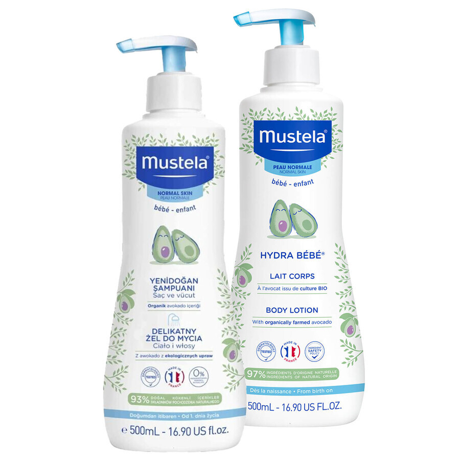 Mustela Bebe Enfant set, gel de baño primer día 500 ml + leche corporal primer día 500 ml