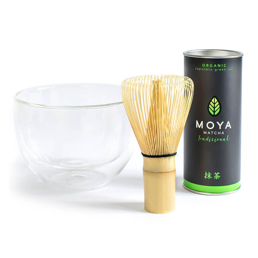 Moya Matcha Starter Kit, Matcha Traditionele Biologische Japanse Matcha Thee, 30 g + glazen theepot, 1 stuk + Chasen, matcha bezem, 1 stuk