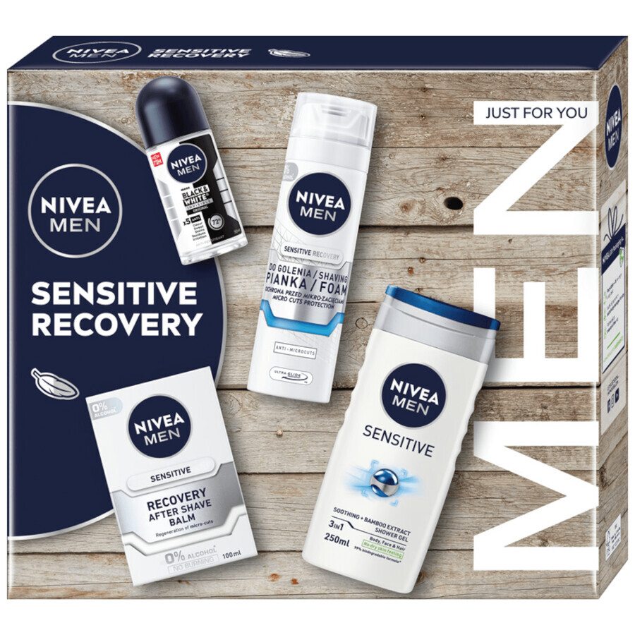 Kit Nivea Men Sensitve Recovery, espuma de afeitar, 200 ml + bálsamo para después del afeitado, 100 ml + gel de ducha, 250 ml + roll-on antitranspirante, 50 ml