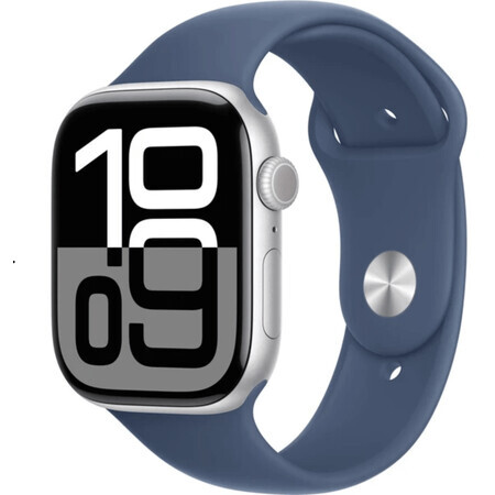 Apple Watch Series 10 GPS 42mm Carcasă din aluminiu argintiu cu bandă sport din denim - M/L