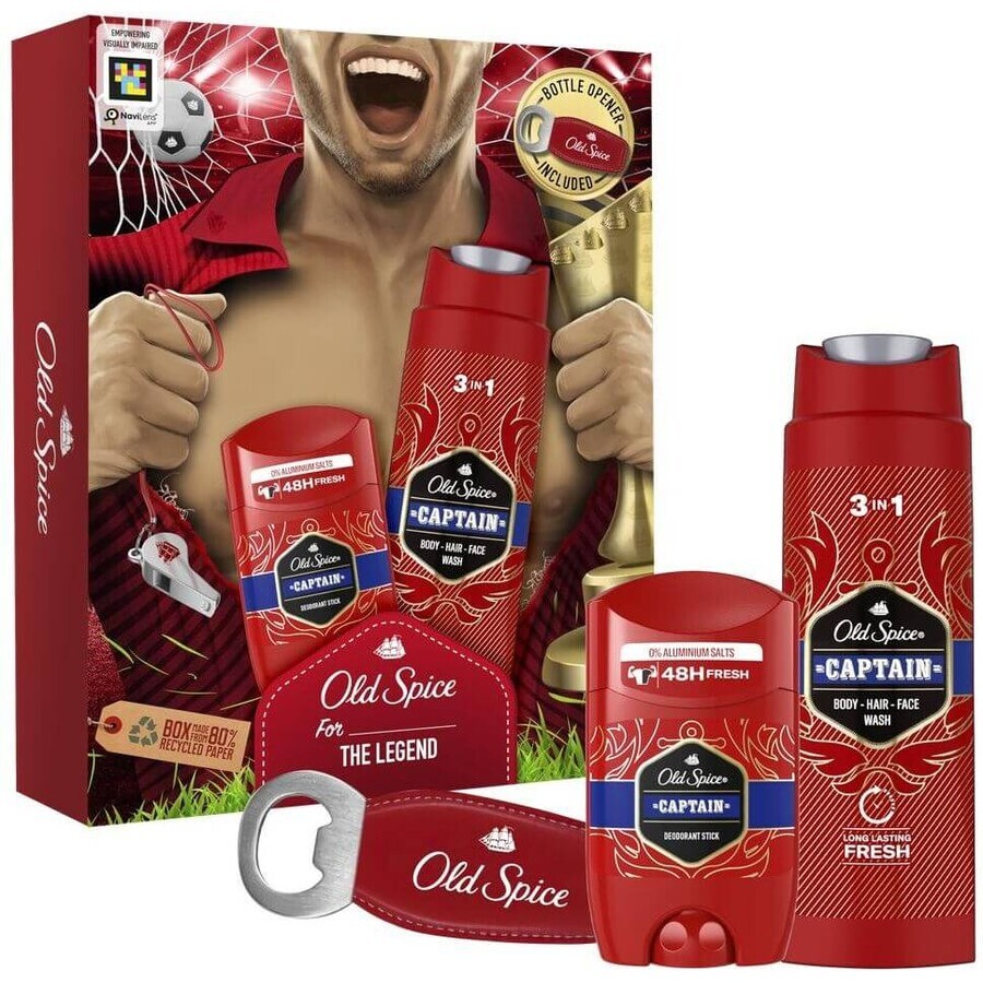 Old Spice Footballer - set de regalo con desodorante sólido, gel de ducha Captain con notas de sándalo y cítricos y abrebotellas