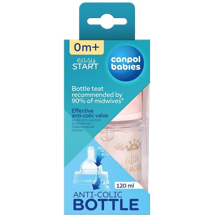 Canpol babies EasyStart ROYAL BABY 120 ml breite Anti-Kolik-Babyflasche ROYAL BABY rosa