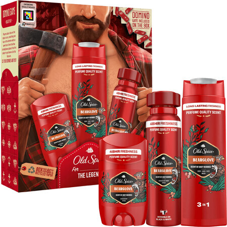 Old Spice Bearglove Bearglove Lumberjack Set avec 150 ml de déodorant en spray, 50 ml de déodorant solide et 250 ml de gel douche