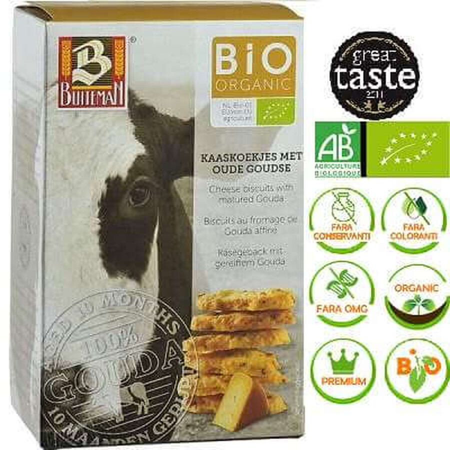 Biscuiti organici cu branza de Gouda maturata, 75 gr, Buiteman