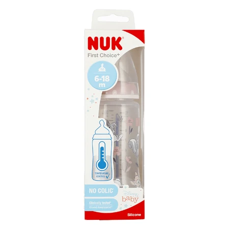 NUK First Choice+ Disney, Anti-Kolik-Flasche mit Temperaturanzeige und Silikonsauger, Bambi, Größe M, 741997, 6-18 Monate, 300 ml