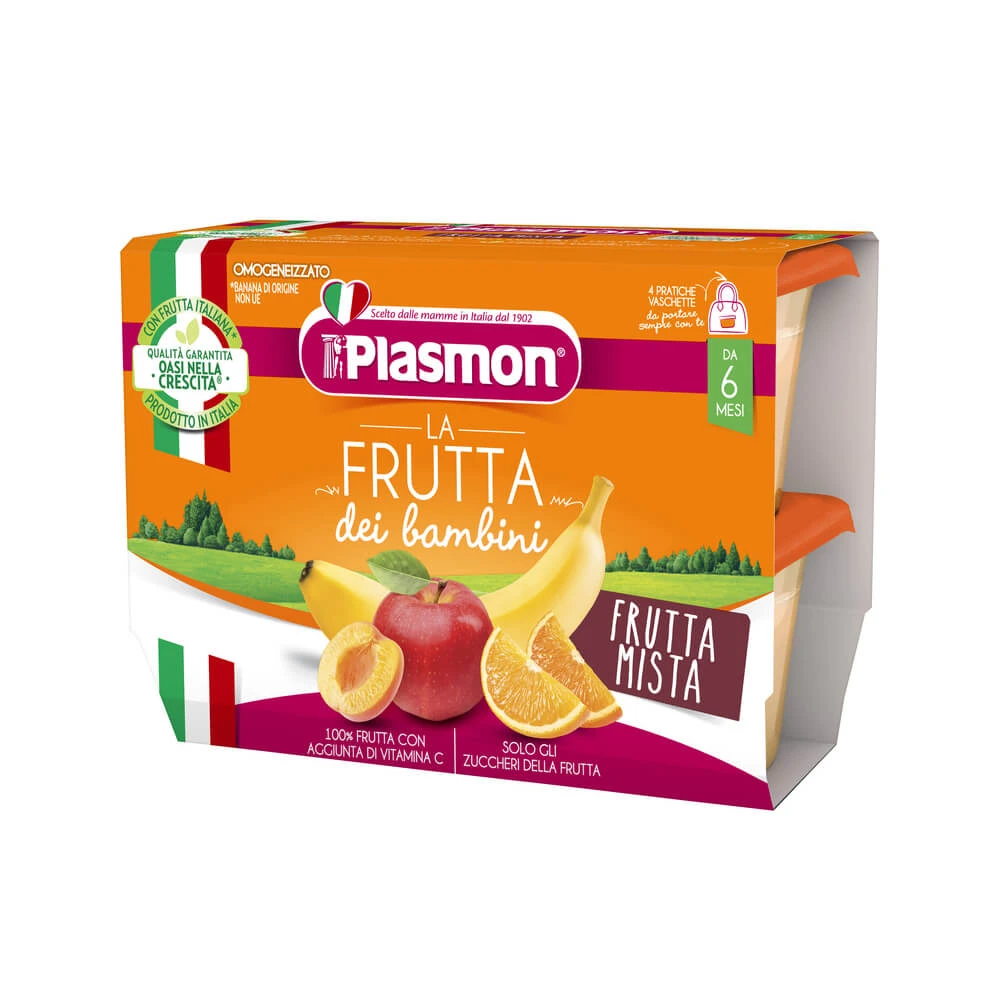 Fruchtmischung Banane, Apfel, Aprikose, Orange, +6 Monate, 4 x 100g, Plasmon
