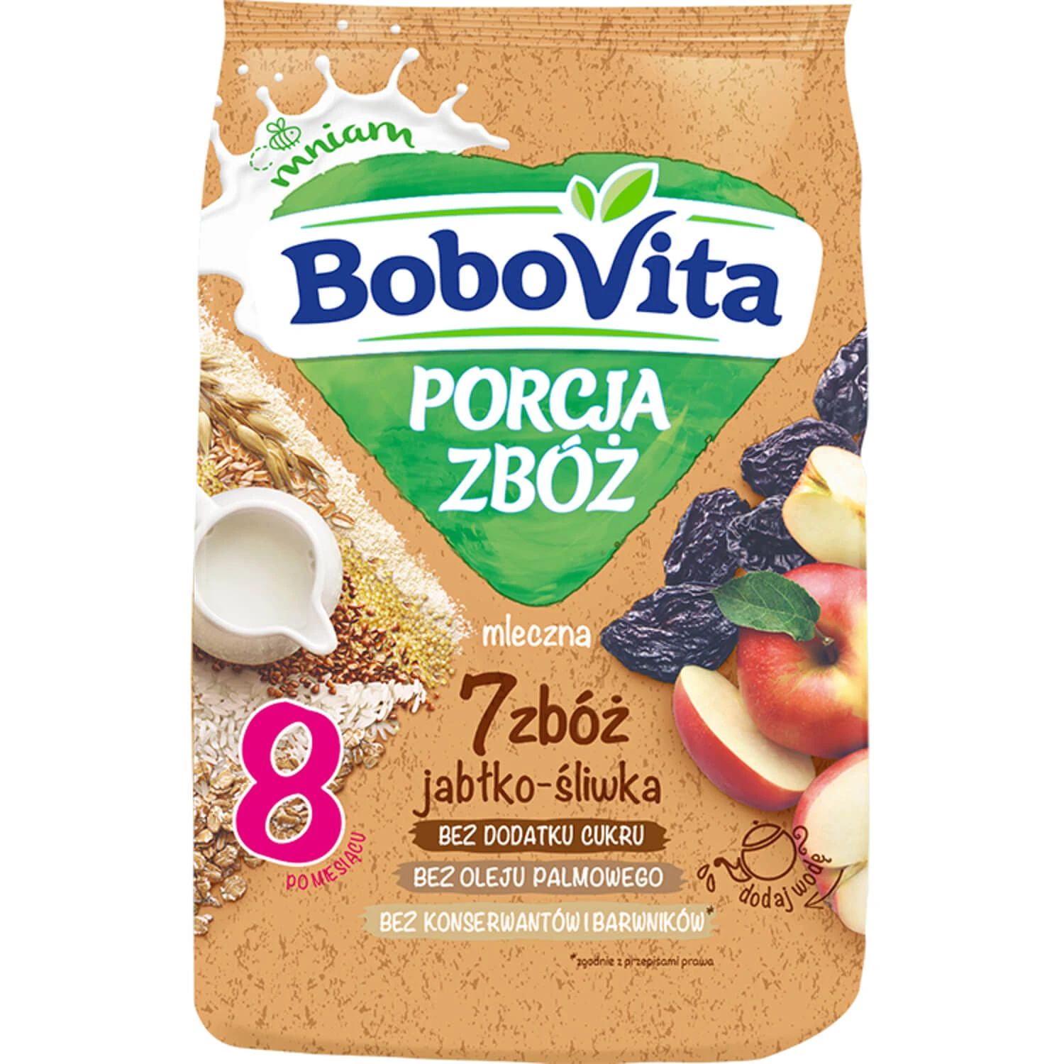 BoboVita Porcja Zbóż Porridge 7 Getreidearten, Apfel und Pflaume, Milch, ohne Zuckerzusatz, nach 8 Monaten, 210 g