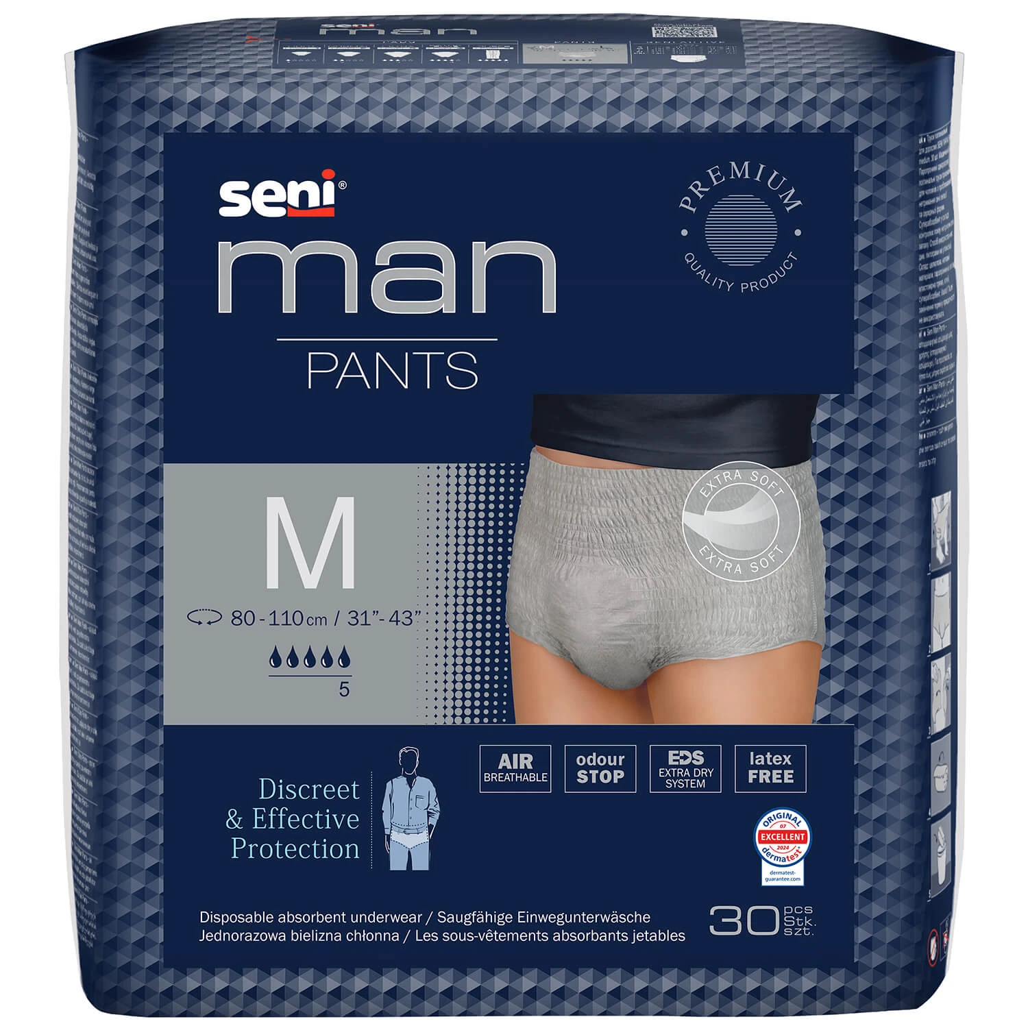 Seni Man Pants, saugfähige Slips für Männer, Größe M, 80-110 cm, 30 Stück