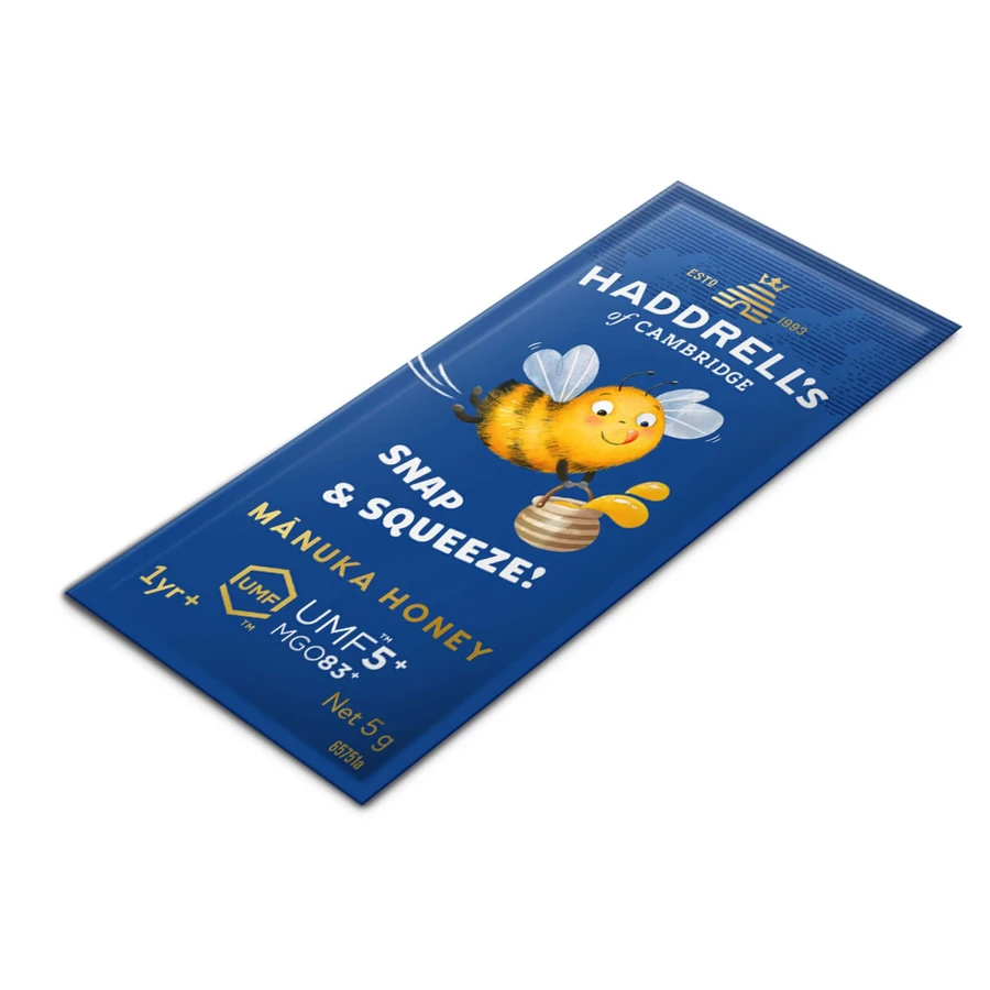 Haddrell's Manuka Snap Pack Kids, pliculețe de miere de Manuka UMF 5+ MGO 83+, 10 x 5 g