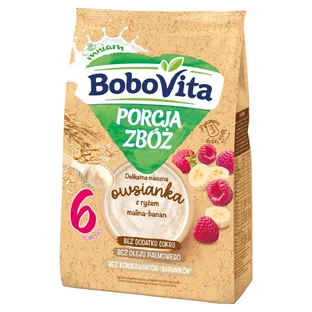 BoboVita Porcja Zbóż Delicada avena láctea con arroz, frambuesa-plátano, sin azúcar añadido, después de 6 meses, 210 g