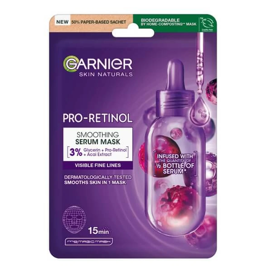 Garnier Pro-Retinol Mască ser de netezire pe țesătură, 22 g