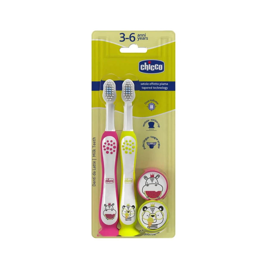 Chicco Szczoteczka do zębów 3-6l Hippo i Panda, 2 sztuki: ceny i cechy
