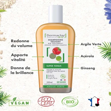 Dermaclay Champú tonificante de arcilla verde bio para cabellos finos 250ml