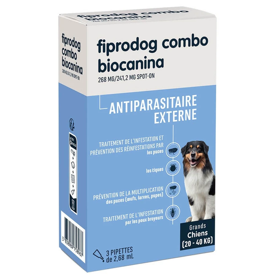 Biocanine Externe Antiparasitäre Lösung Spot-On für große Hunde 20 bis 40 kg combo fiprodog 3 Pipetten