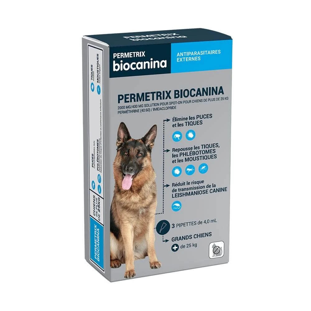 Biocanine Externes Antiparasitikum Gezielte Lösung für große Hunde über 25 kg Permetrix 3 Pipetten