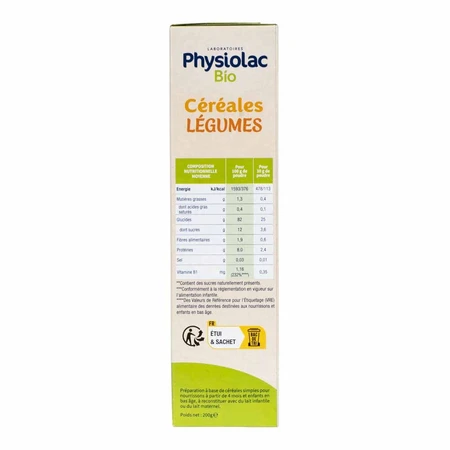 Physiolac Bio-Getreide Gemüse Kürbisse Karotten Spinat Ab 4 Monaten 200g