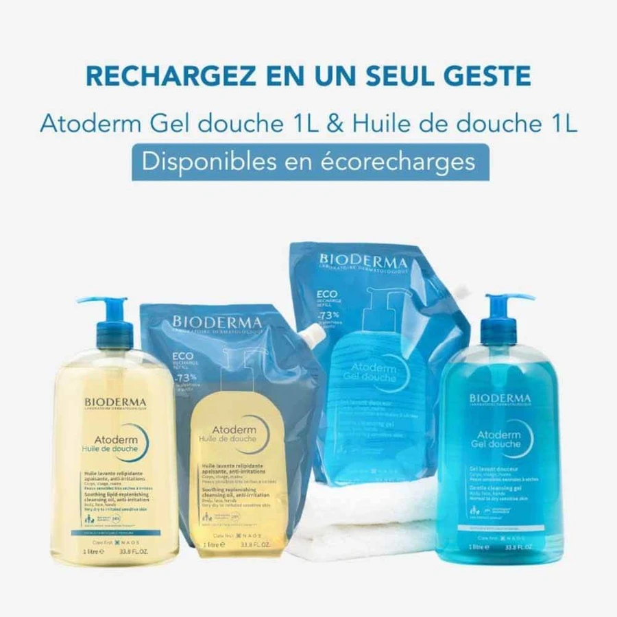 Ulei de duș Atoderm Eco-Refill, ten uscat și foarte uscat, 1 litru, Bioderma 
