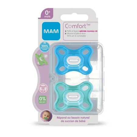 Mam Comfort Suzete simetrice silicon Original cu cutie de sterilizare 0 luni+ 2pcs