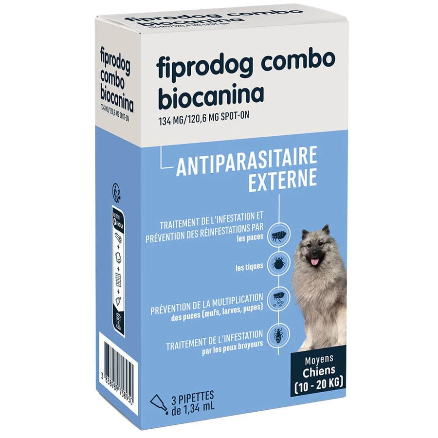 Biocanine Soluție antiparazitară externă Spot-On pentru câini de talie medie de la 10 la 20 kg combo fiprodog 3 pipete