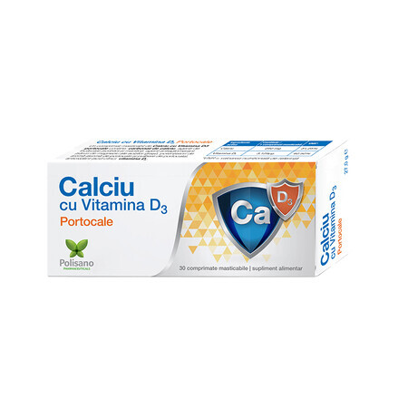 Calciu cu Vitamina D3 cu aromă de portocale, 30 comprimate, Polisano