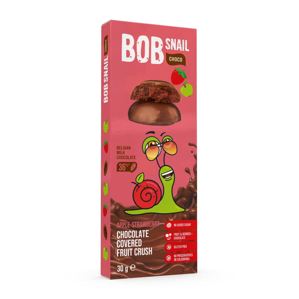 Fruchtsnack mit belgischer Schokolade, Apfel und Erdbeere, 30 g, Bob Snail