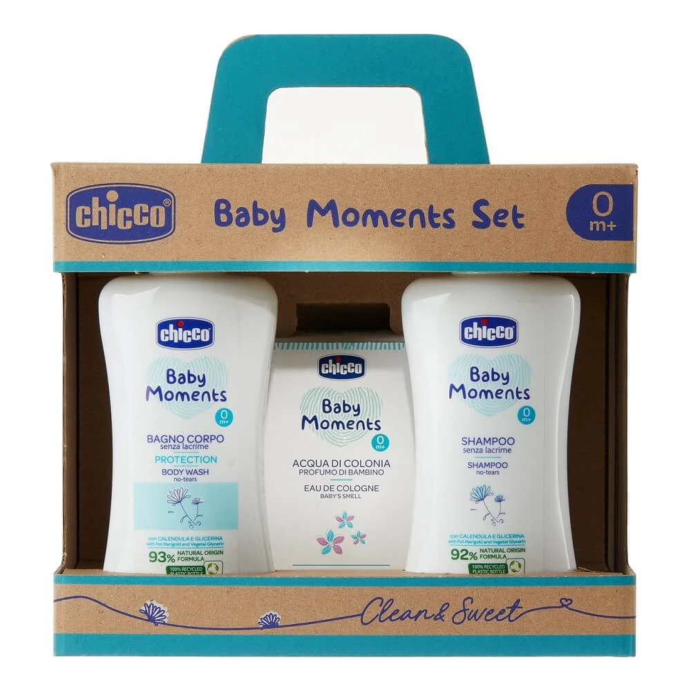 Chicco Baby Moments Set Badelotion, 200 ml + Shampoo, 200 ml + Eau de Toilette, 100 ml