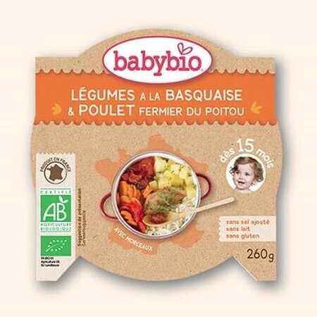 Menü mit Basquaise-Gemüse und Poitou-Huhn, +15 Monate, 260 g, Babybio