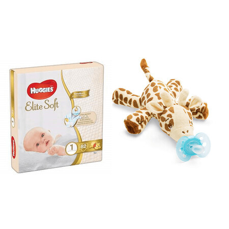 Ofertă Pachet, Welcome To The World, Scutece Elite Soft nr. 1 Mega, 3-5 kg, 82 buc, Huggies și Jucărie de pluș Girafă cu Suzetă Ultra Soft, SCF348/11, 0-6 luni, Philips Avent