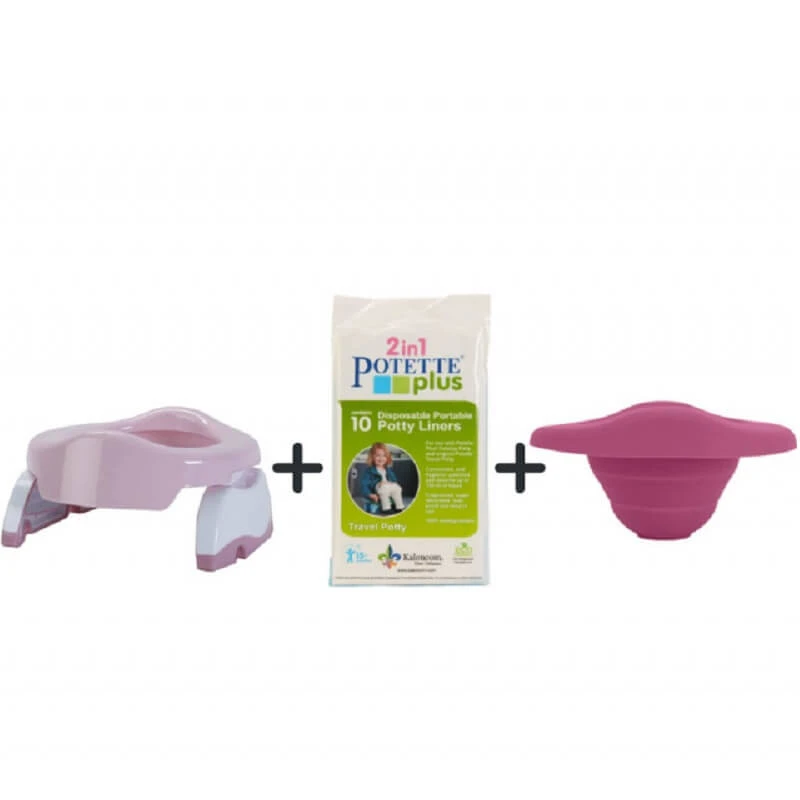 Tragbare Töpfchenpackung + wiederverwendbare Einlage + 10 biologisch abbaubare Beutel, rosa/weiß, Potette Plus