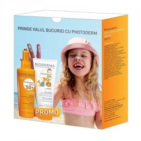 Pachet Spray protecție solara Photoderm Max SPF 50+, 200 ml + Lapte colorat protecție solara Kid SPF 50+, 100 ml, Bioderma