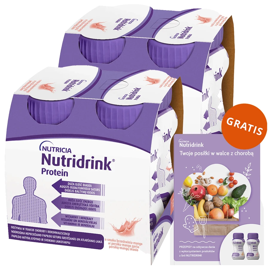 Kit Nutridrink Protein, preparat nutritiv, aromă piersică-mango, 8 x 125 ml + broșură de rețete gratuită