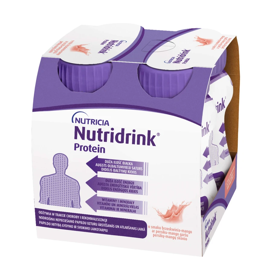 Kit Nutridrink Protein, preparat nutritiv, aromă piersică-mango, 8 x 125 ml + broșură de rețete gratuită