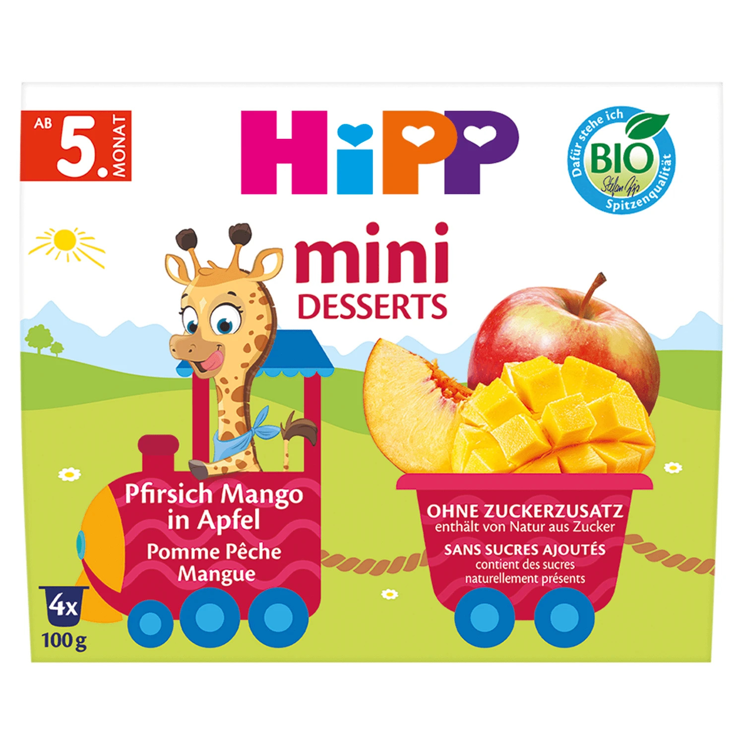 HiPP Mini Dessert Bio, Apfel, Pfirsich, Mango, nach 5 Monaten, 4 x 100 g
