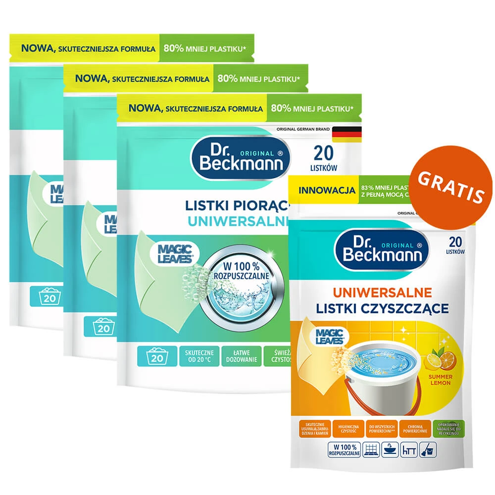 Dr. Beckmann Magic Leaves Set, Waschblätter, Allzweck, 3 x 20 Stück + Reinigungsblätter, Allzweck, Summer Lemon, 20 Stück gratis