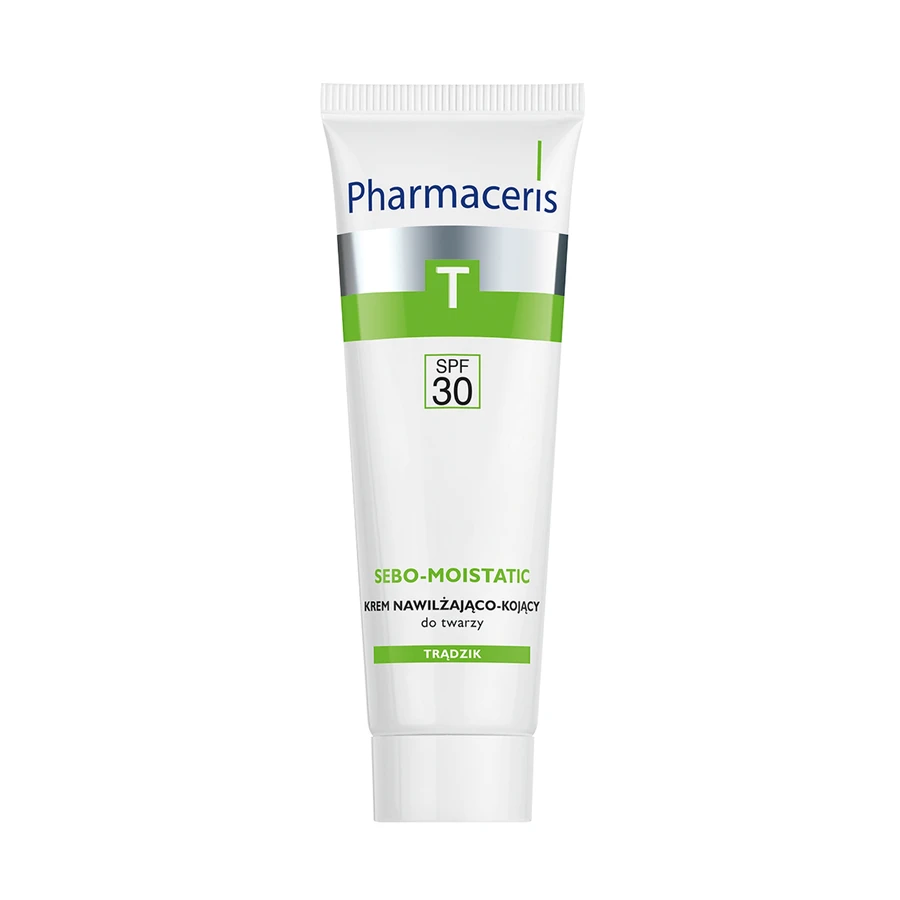Set Pharmaceris T Sebo-Moistatic, crème hydratante et apaisante pour le visage, SPF 30, 50 ml + Puri-Sebogel, gel nettoyant antibactérien T pour le visage, 80 ml
