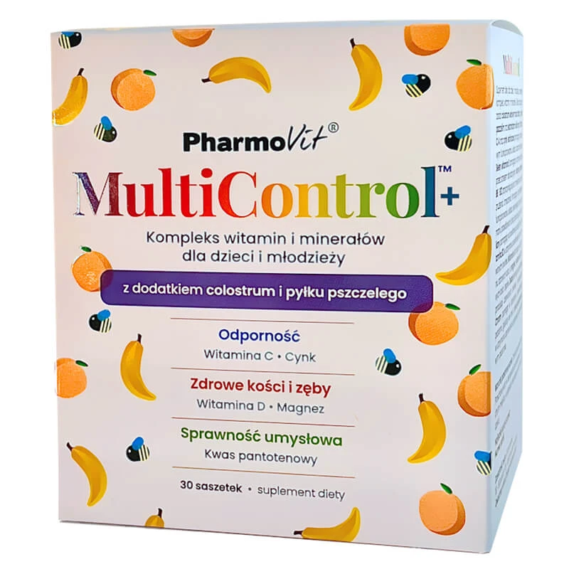 Pharmovit MultiControl+ Vitamin- und Mineralstoffkomplex für Kinder und Jugendliche, Geschmacksrichtung Banane und Pfirsich, 30 Portionsbeutel