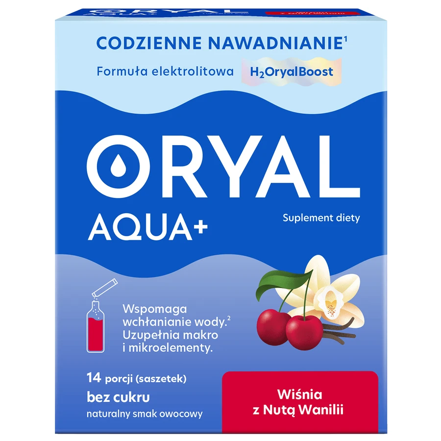Oryal Aqua+ Cereza con un toque de vainilla, sin azúcar, 14 sobres