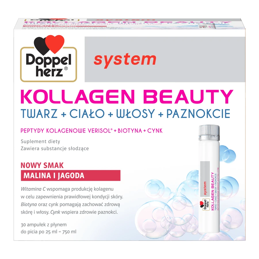Doppelherz System Kollagen Beauty, Himbeer- und Heidelbeergeschmack, 25 ml x 30 Ampullen ZERSTÖRTE VERPACKUNG