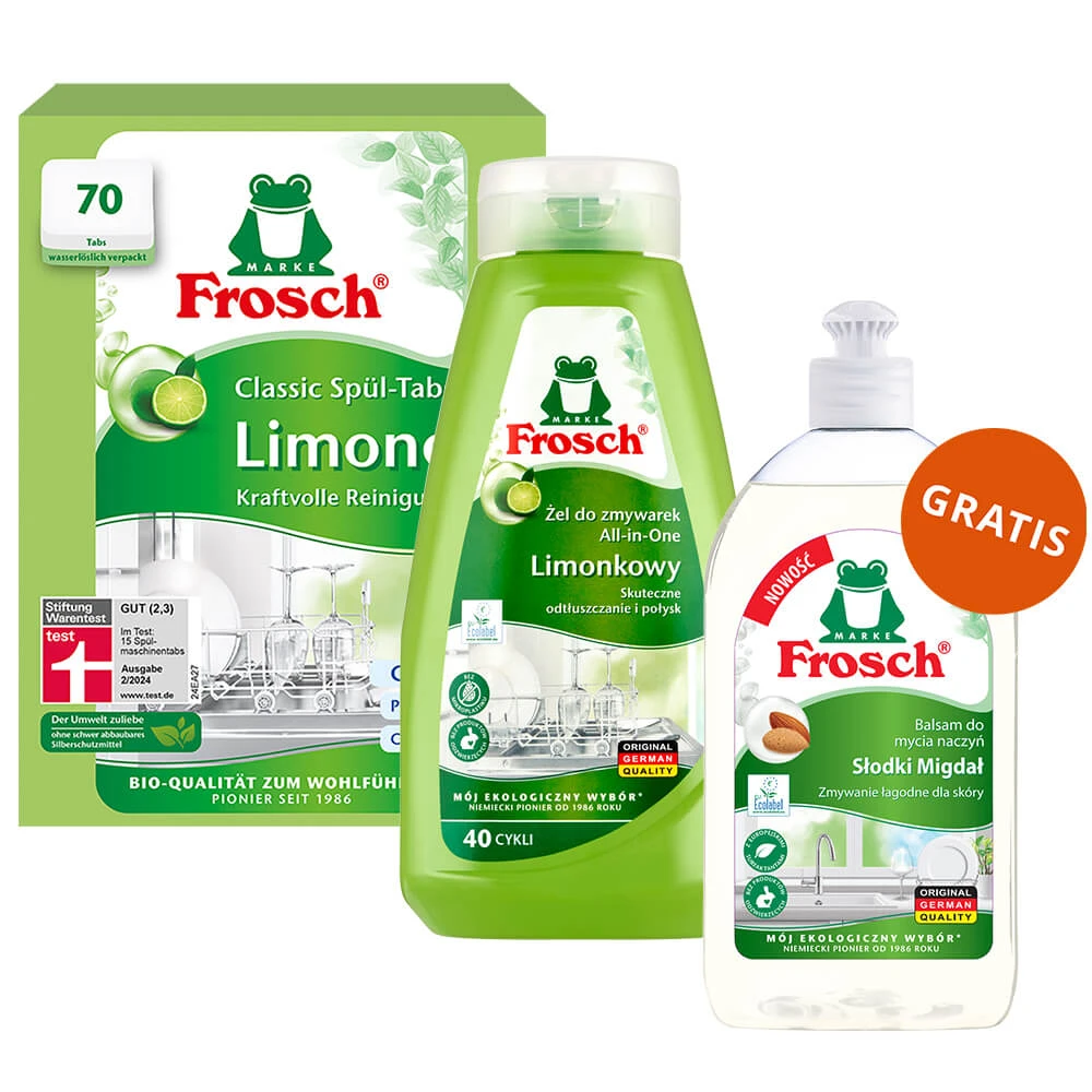 Set Frosch, Spülmaschinentabs, Classic, limone, 70 Stück + Spülmaschinenspülgel, limone, 650 ml + Spülmittel, mandel, 500 ml gratis