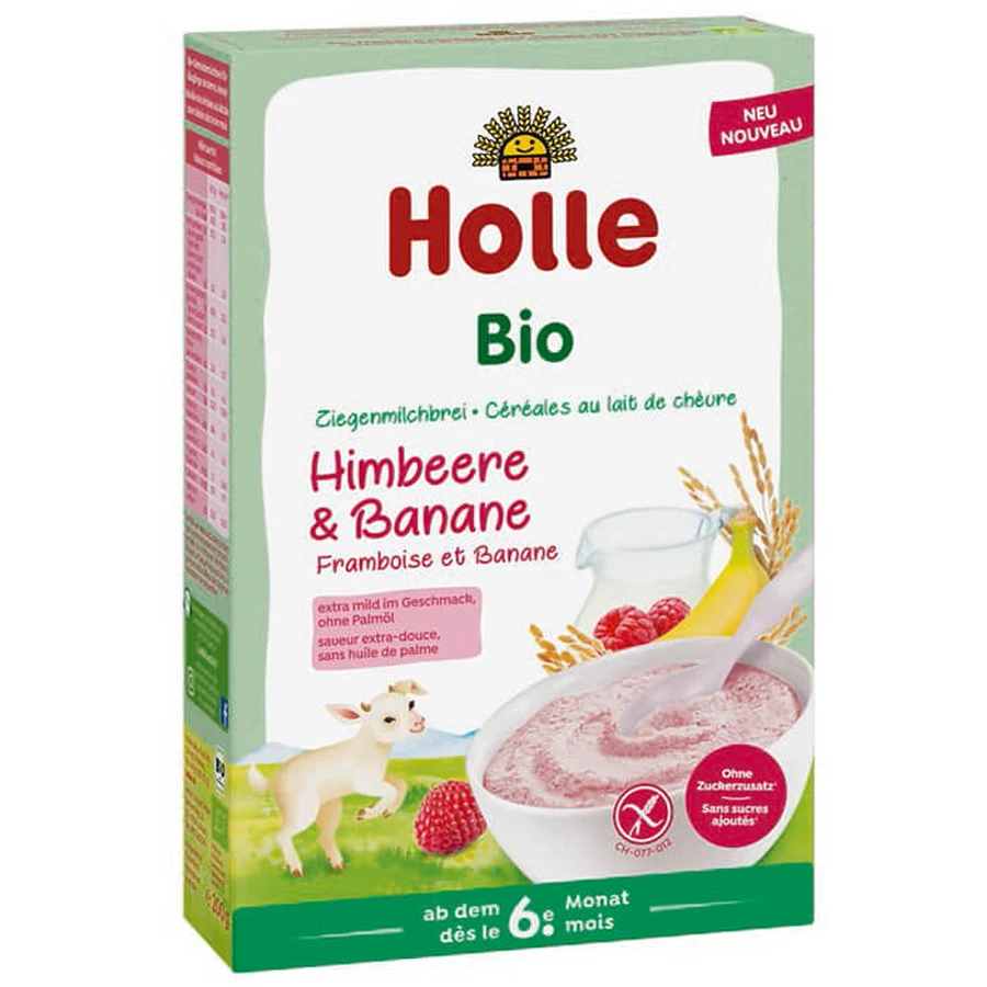 Porridge di riso Holle Bio, lampone e banana con latte di capra, senza glutine, da 6 mesi, 200 g