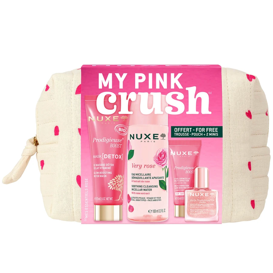 Nuxe My Pink Crush Set, Maske, 75 ml + Mizellenwasser, 100 ml + Creme, 15 ml + Or Florale Trockenöl, 10 ml + Schminktasche