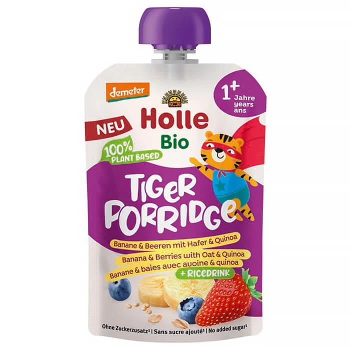 Holle Mousse in Tube Bio, Tiger, Banane und Heidelbeeren + Hafer und Quinoa, ab 1 Jahr, 110 g