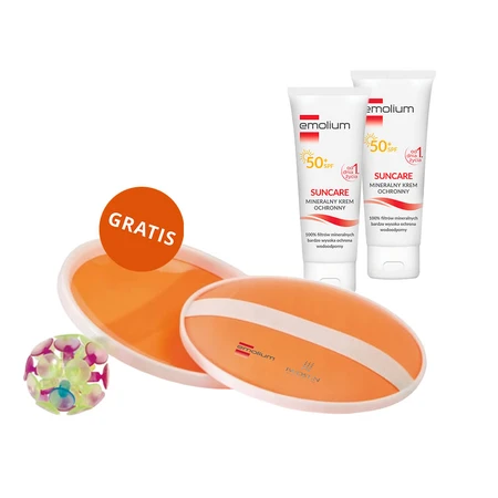 Emolium Suncare set, crème de protection minérale pour enfants dès le premier jour et adultes, SPF 50+, 2 x 50 ml + jeu de plage "attrape la balle" gratuit