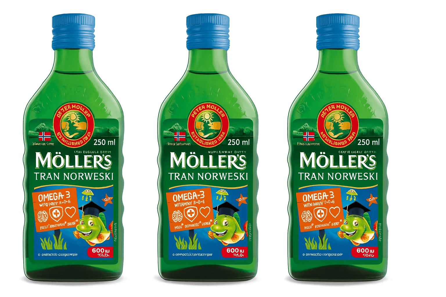 Möller's Omega 3 Lebertran, Nordic omega 3 kinder Nahrungsergänzung mit EPA, DHA, Vitamin A, D und E ,Tutti Frutti, 3x250 ml, Möller's