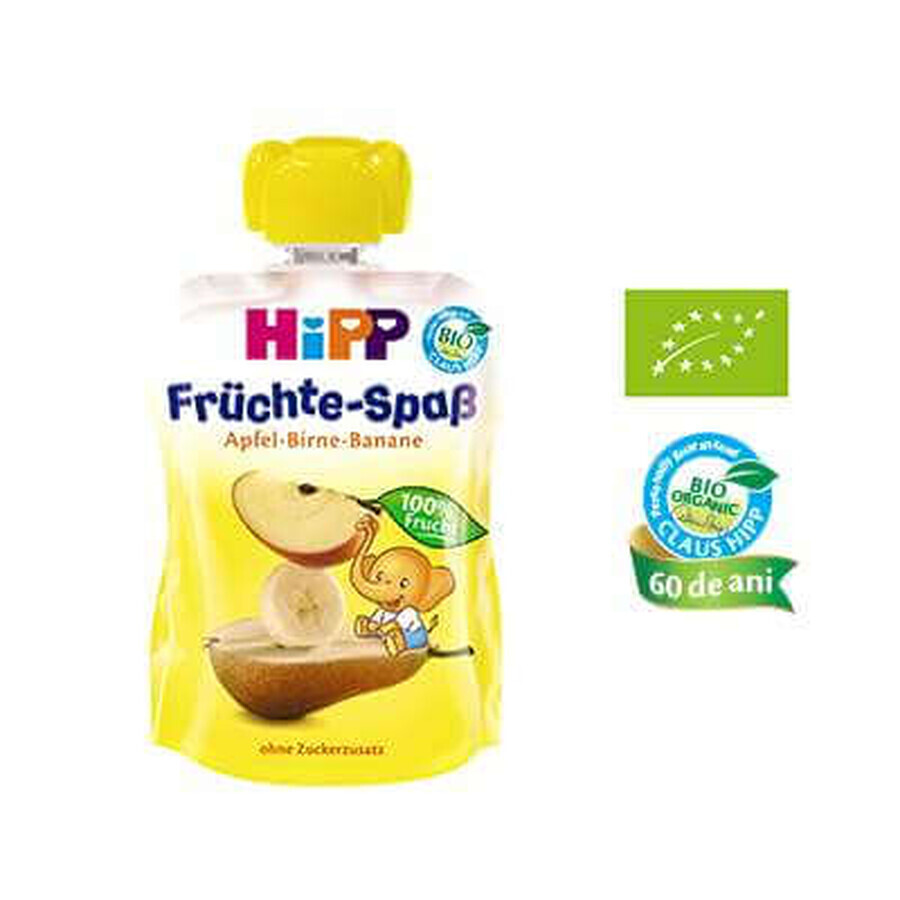 Piure Bio de mere, pere și banane, Fruit Fun, Gr. 1-3 ani, 90 g, Hipp