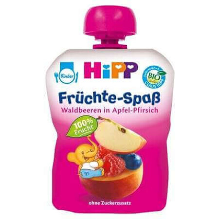 Piure Bio din măr, piersică și fructe de pădure Fruit Fun, +12luni, 90 g, Hipp