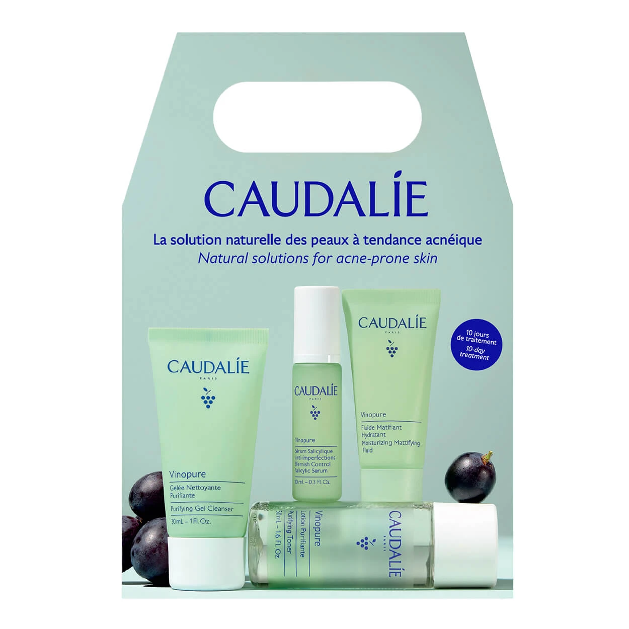 Caudalie Vinopure Starter Kit, Reinigungsgel für das Gesicht, 30 ml + Gesichtswasser, 50 ml + Serum für Unvollkommenheiten, 10 ml + mattierendes und