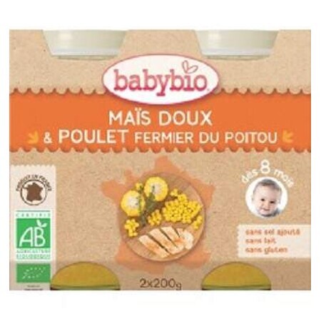 Piure Bio din porumb dulce si carne de pui de ferma, +8luni, 2X200g, BabyBio