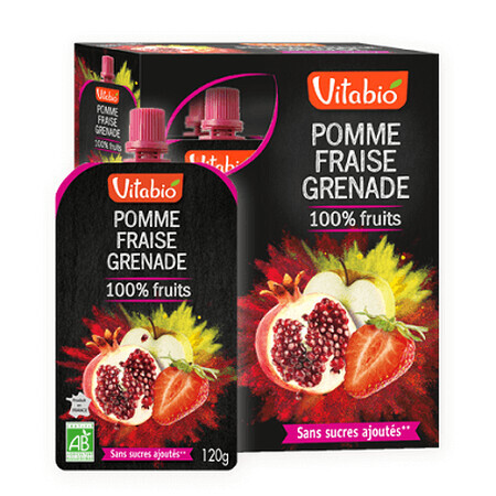 Piure bio, desert din măr, căpșună și rodie, 4x120g, VitaBio