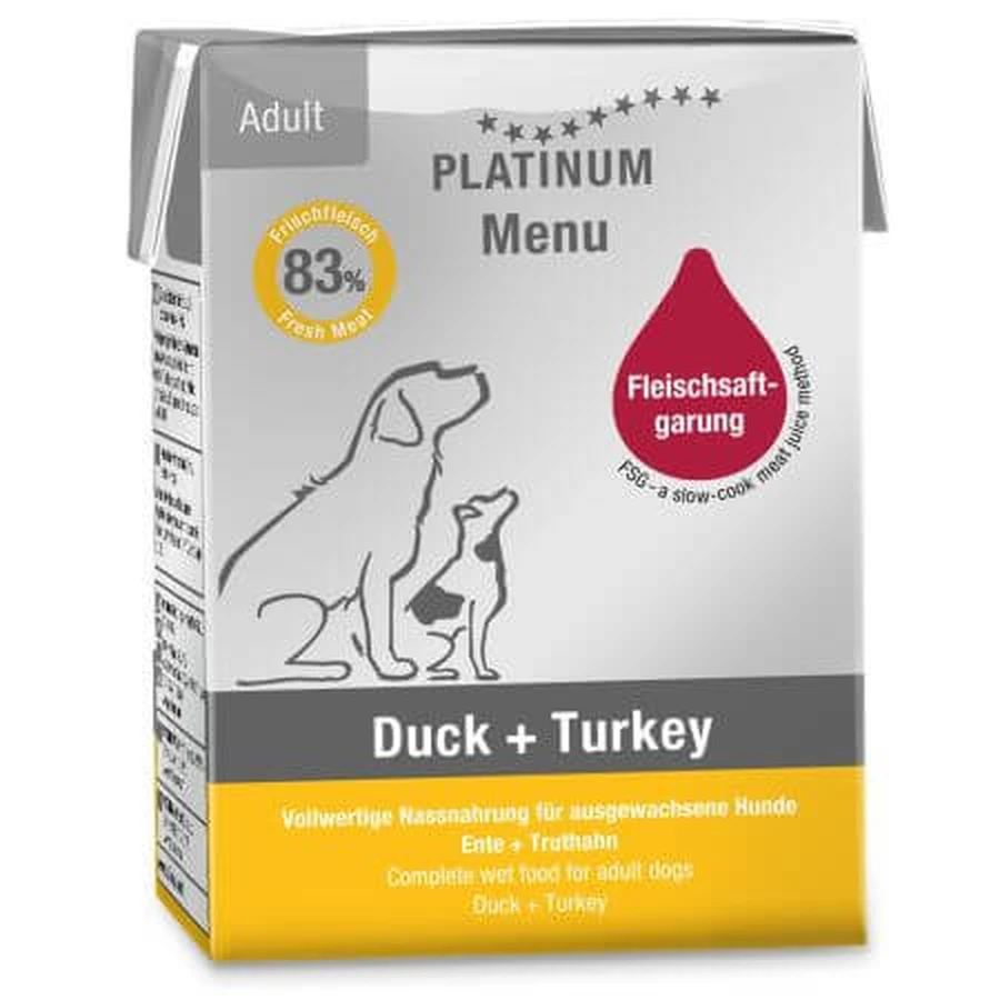 Nassfutter mit Ente und Pute für ausgewachsene Hunde Dog, 185 g, Platinum